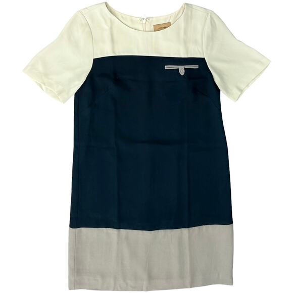Anthropologie Kachel Gray Ivory Navy Sheath Short Sleeve Scoop Neck Dress Size 2 - Picture 1 of 9